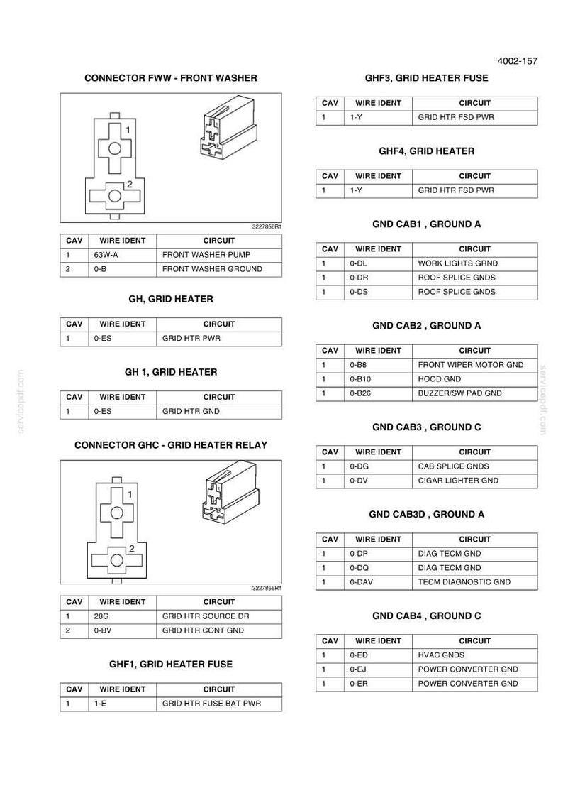 May include: A technical wiring diagram document labeled 4002-157, featuring black and white line drawings of electrical connectors and multiple tables detailing cavity numbers, wire identification codes, and circuit names for vehicle systems.