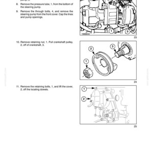 May include: A technical manual page titled SECTION 10 - ENGINE - CHAPTER 1, featuring three black and white line drawings labeled 23, 24, and 25. The diagrams illustrate automotive engine repair steps, including a steering pump, a crankshaft pulley, and a cover.