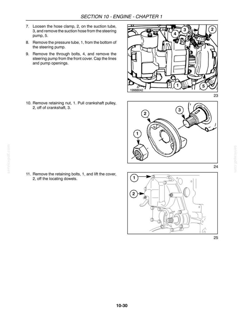 May include: A technical manual page titled SECTION 10 - ENGINE - CHAPTER 1, featuring three black and white line drawings labeled 23, 24, and 25. The diagrams illustrate automotive engine repair steps, including a steering pump, a crankshaft pulley, and a cover.