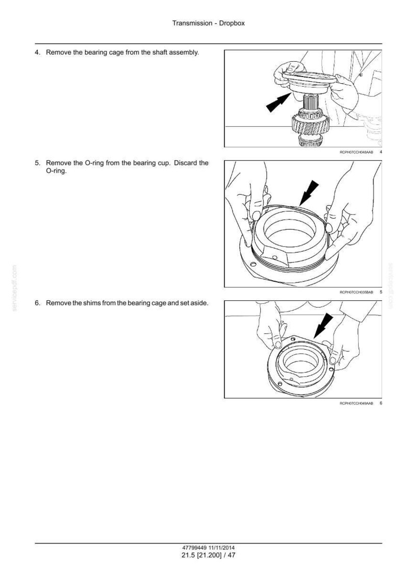Op de afbeelding: Diagram uit een handleiding met stappen voor transmissiereparatie. Bevat illustraties van het verwijderen van een lagerkooi, O-ring en vulringen. Tekst bevat instructies en onderdeelnamen. De afbeelding is in zwart-wit.