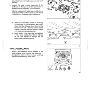 May include: A technical manual page titled SECTION 58 - ATTACHMENTS/HEADERS - CHAPTER 1, featuring black and white line drawings of machinery components labeled 1 and 2, with instructions for inspection, oil drainage, and top cap installation.