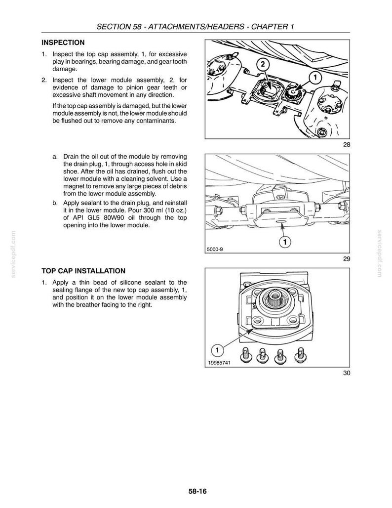 May include: A technical manual page titled SECTION 58 - ATTACHMENTS/HEADERS - CHAPTER 1, featuring black and white line drawings of machinery components labeled 1 and 2, with instructions for inspection, oil drainage, and top cap installation.