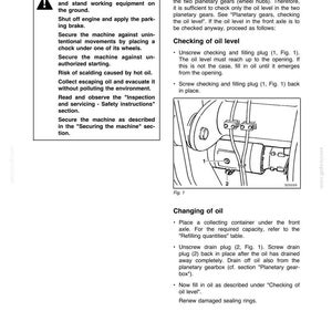 May include: A page from an operator's manual with safety instructions and diagrams for axles. The text includes instructions for checking and changing oil in the front axle of a machine.