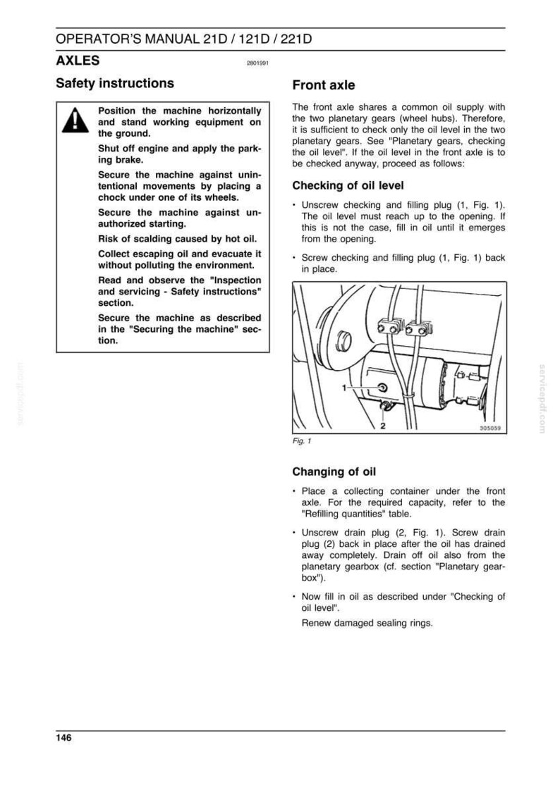 May include: A page from an operator's manual with safety instructions and diagrams for axles. The text includes instructions for checking and changing oil in the front axle of a machine.