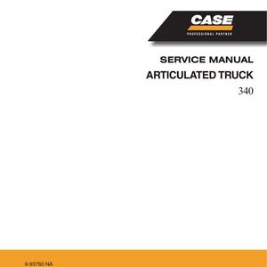 May include: A white service manual for an articulated truck. The cover features the CASE logo in black and white, with the text "SERVICE MANUAL ARTICULATED TRUCK 340". The bottom of the manual has an orange section with text.