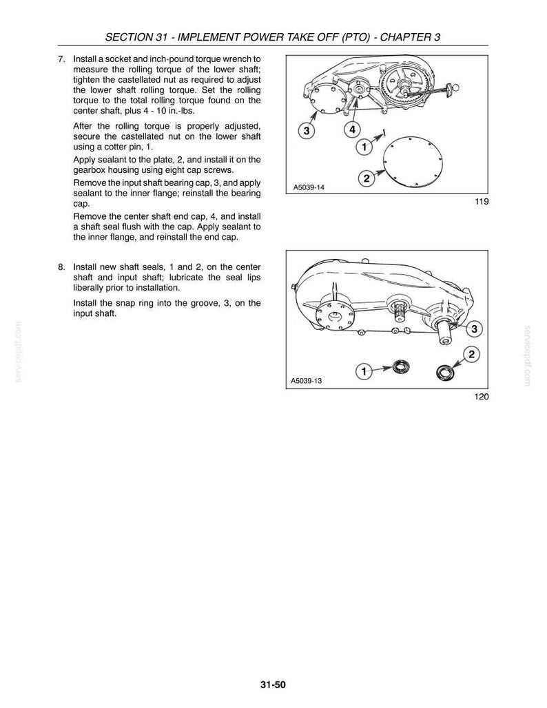 May include: A technical manual page titled SECTION 31 - IMPLEMENT POWER TAKE OFF (PTO) - CHAPTER 3, featuring two black and white line drawings of a gearbox assembly with numbered components and instructional text for maintenance and installation.