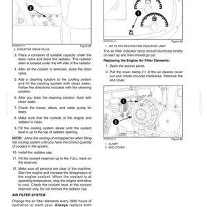 May include: Diagrams and instructions for engine maintenance, including radiator drain valve, air filter, and coolant system procedures. Includes illustrations of components and steps for servicing.