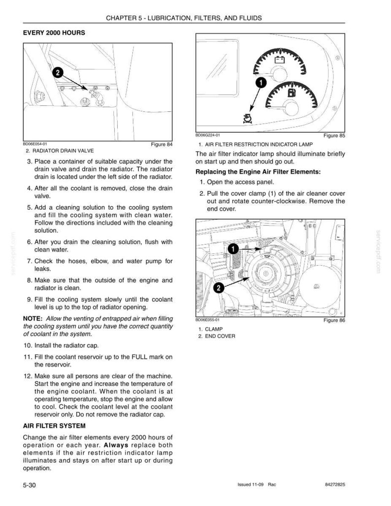 May include: Diagrams and instructions for engine maintenance, including radiator drain valve, air filter, and coolant system procedures. Includes illustrations of components and steps for servicing.