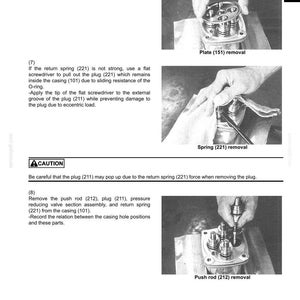 May include: Diagram of the upper slewing structure with instructions for removing parts. Includes images of plate, spring, and push rod removal. Text includes caution about plug removal.