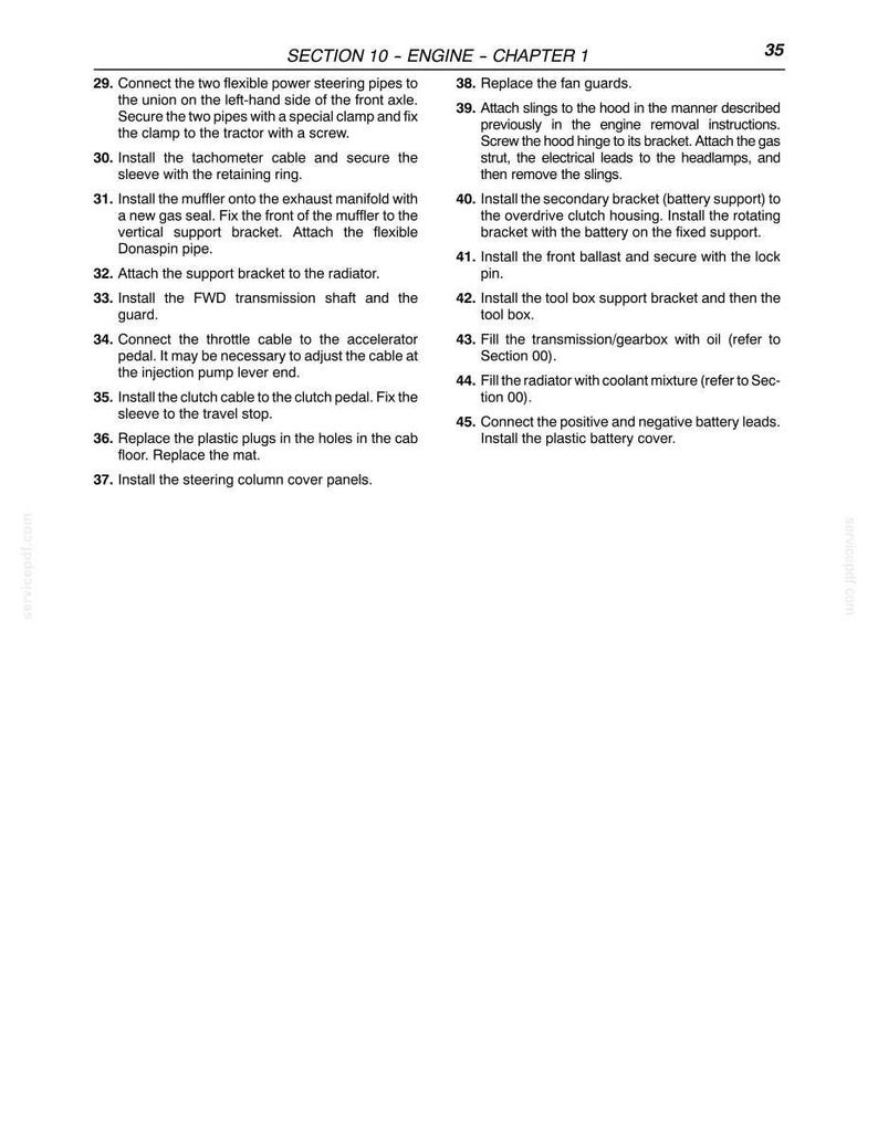 May include: A page from a manual titled "SECTION 10 - ENGINE - CHAPTER 1" with numbered instructions for engine maintenance. The text is black on a white background, with the number 35 in the top right corner.