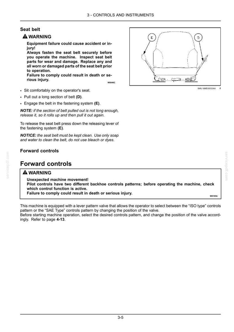 May include: A technical manual page titled 3 - CONTROLS AND INSTRUMENTS featuring a diagram of an operator seat with a seat belt. The text provides safety warnings and instructions for operating the seat belt and forward controls on machinery.