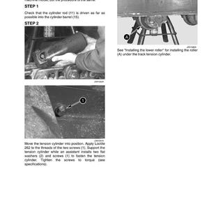 Może przedstawiać: Instrukcje instalacji z diagramami dla komponentu maszyny. Kroki obejmują sprawdzenie pręta cylindra, przesunięcie cylindra napinającego oraz instalację podkładek i śrub. Tekst zawiera "KROK 1", "KROK 2" i "KROK 3".