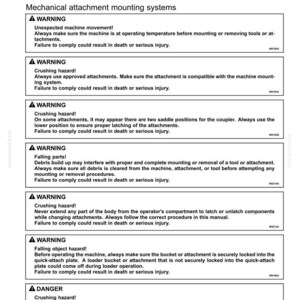 May include: A technical document page titled 6-WORKING OPERATIONS, containing general information on mechanical attachment mounting systems. It lists multiple warning and danger sections regarding crushing and falling hazards for machine operators.