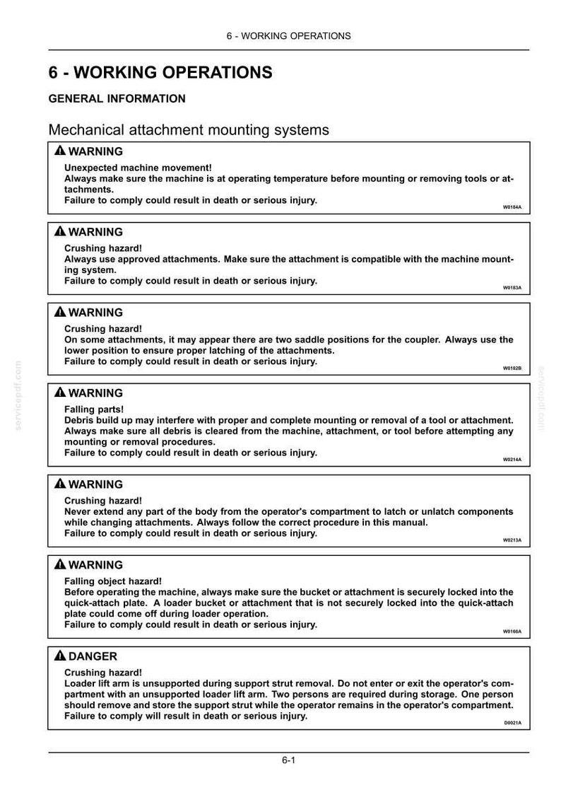 May include: A technical document page titled 6-WORKING OPERATIONS, containing general information on mechanical attachment mounting systems. It lists multiple warning and danger sections regarding crushing and falling hazards for machine operators.
