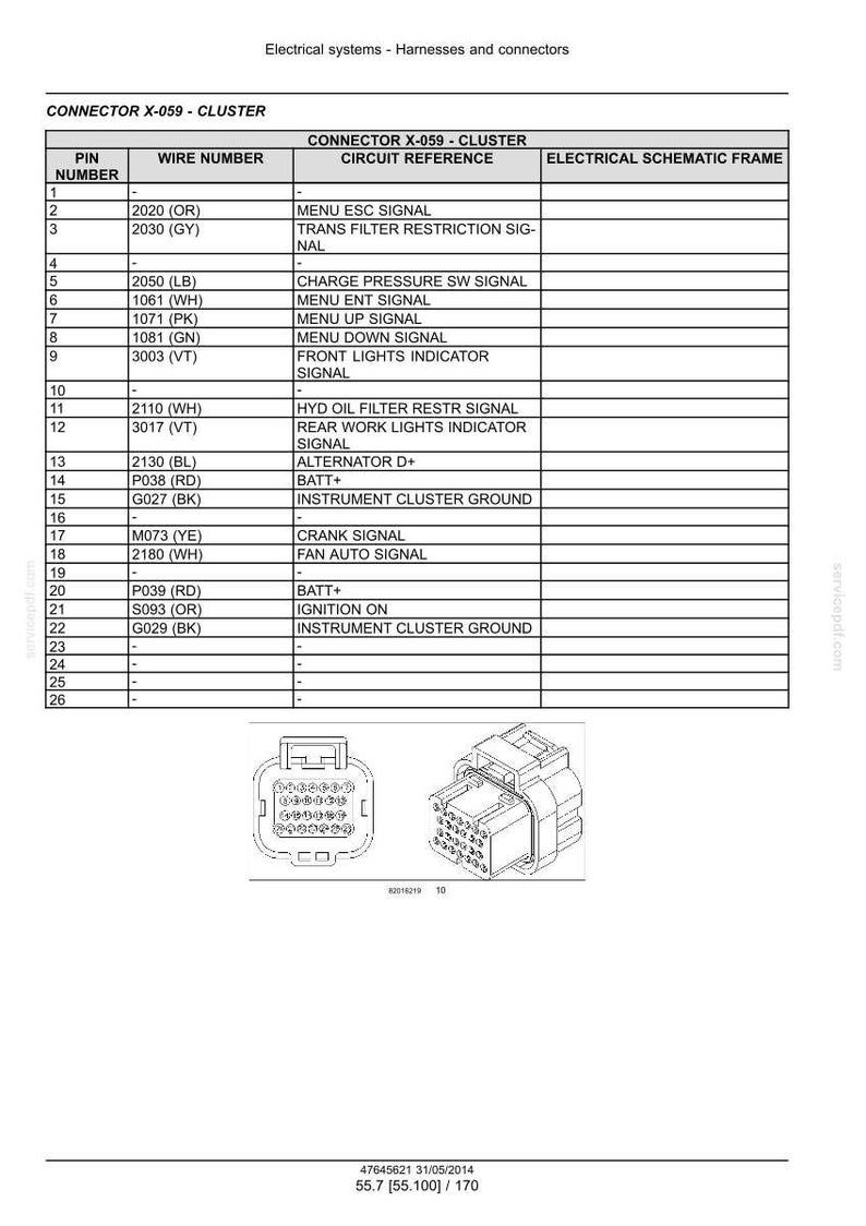May include: Diagram of a connector labeled "CONNECTOR X-059 - CLUSTER" with a table listing pin numbers, wire numbers, and circuit references. Includes a schematic frame and two illustrations of the connector.