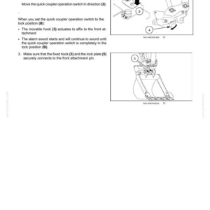 May include: Diagram illustrating the working operations of a quick coupler system. The image shows the steps to set the quick coupler operation switch to the lock position, including the movable hook and alarm sound.