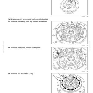 May include: Diagrams illustrating the disassembly of hydrostatic drive pump and motor components. The images show steps like removing bearings, inner rings, springs, and O-rings. Text instructions accompany each step, providing a detailed guide for maintenance.