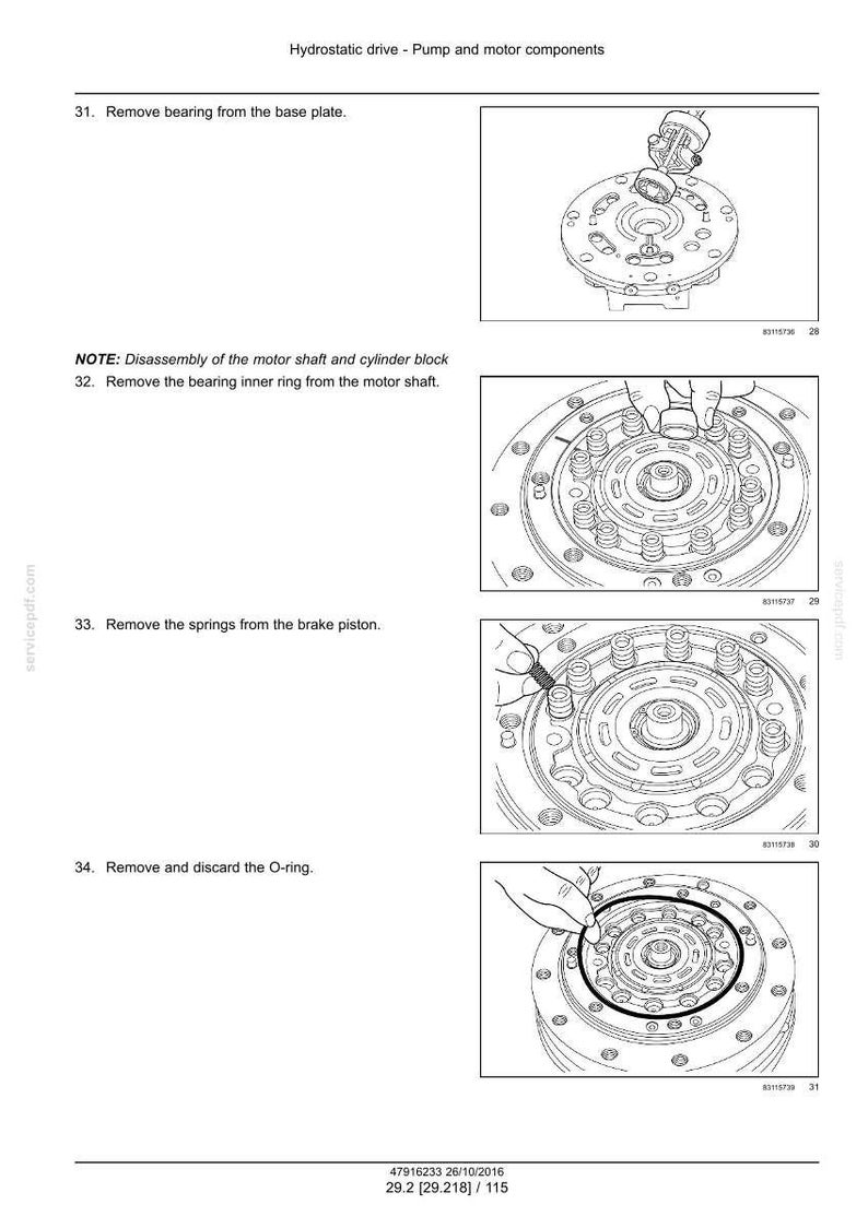 May include: Diagrams illustrating the disassembly of hydrostatic drive pump and motor components. The images show steps like removing bearings, inner rings, springs, and O-rings. Text instructions accompany each step, providing a detailed guide for maintenance.