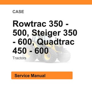 May include: White background with the word "CASE" at the top. Below, the text reads "Rowtrac 350 - 500, Steiger 350 - 600, Quadtrac 450 - 600". The word "Tractors" is below the model numbers. An orange rectangle reads "Service Manual".