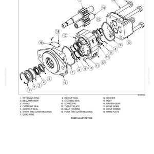 May include: A detailed black and white diagram of a pump, with each part clearly labelled. Components include retaining rings, seals, gears, and housings. The text "PUMP ILLUSTRATION" is displayed at the bottom of the image.