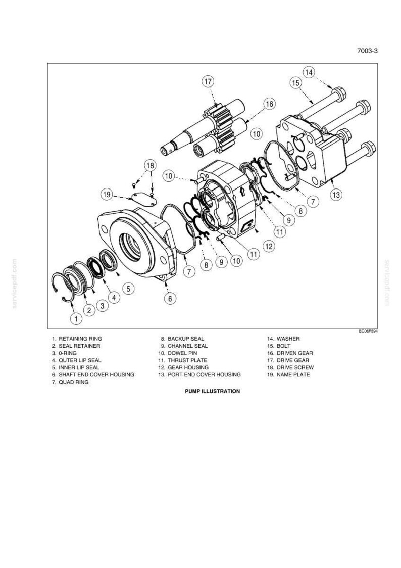 May include: A detailed black and white diagram of a pump, with each part clearly labelled. Components include retaining rings, seals, gears, and housings. The text "PUMP ILLUSTRATION" is displayed at the bottom of the image.