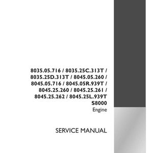 May include: A white service manual with the text "SERVICE MANUAL" and a list of engine part numbers. The manual includes the Case IH Agriculture logo and the text "S8000 Engine". The part number is 47454146.