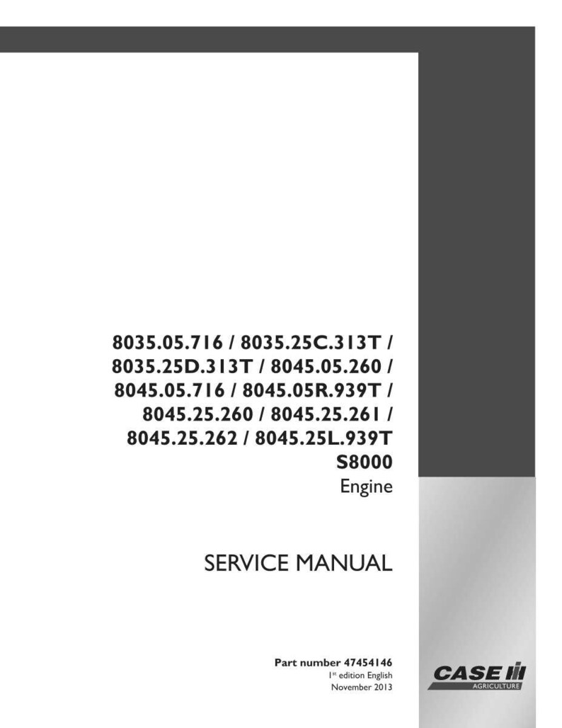 May include: A white service manual with the text "SERVICE MANUAL" and a list of engine part numbers. The manual includes the Case IH Agriculture logo and the text "S8000 Engine". The part number is 47454146.