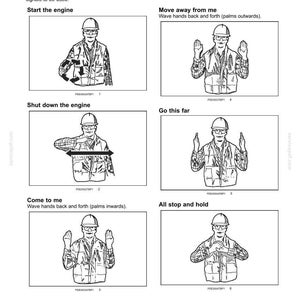 May include: A safety information document titled Hand signals, featuring six black and white line drawings of a person in a hard hat and high-visibility vest demonstrating specific hand signals for machine operation, including Start the engine, Move away from me, Shut down the engine, Go this far, Come to me, and All stop and hold.