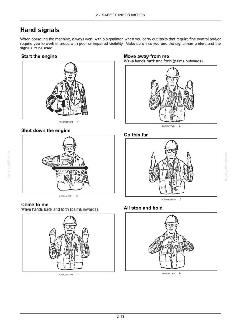 May include: A safety information document titled Hand signals, featuring six black and white line drawings of a person in a hard hat and high-visibility vest demonstrating specific hand signals for machine operation, including Start the engine, Move away from me, Shut down the engine, Go this far, Come to me, and All stop and hold.