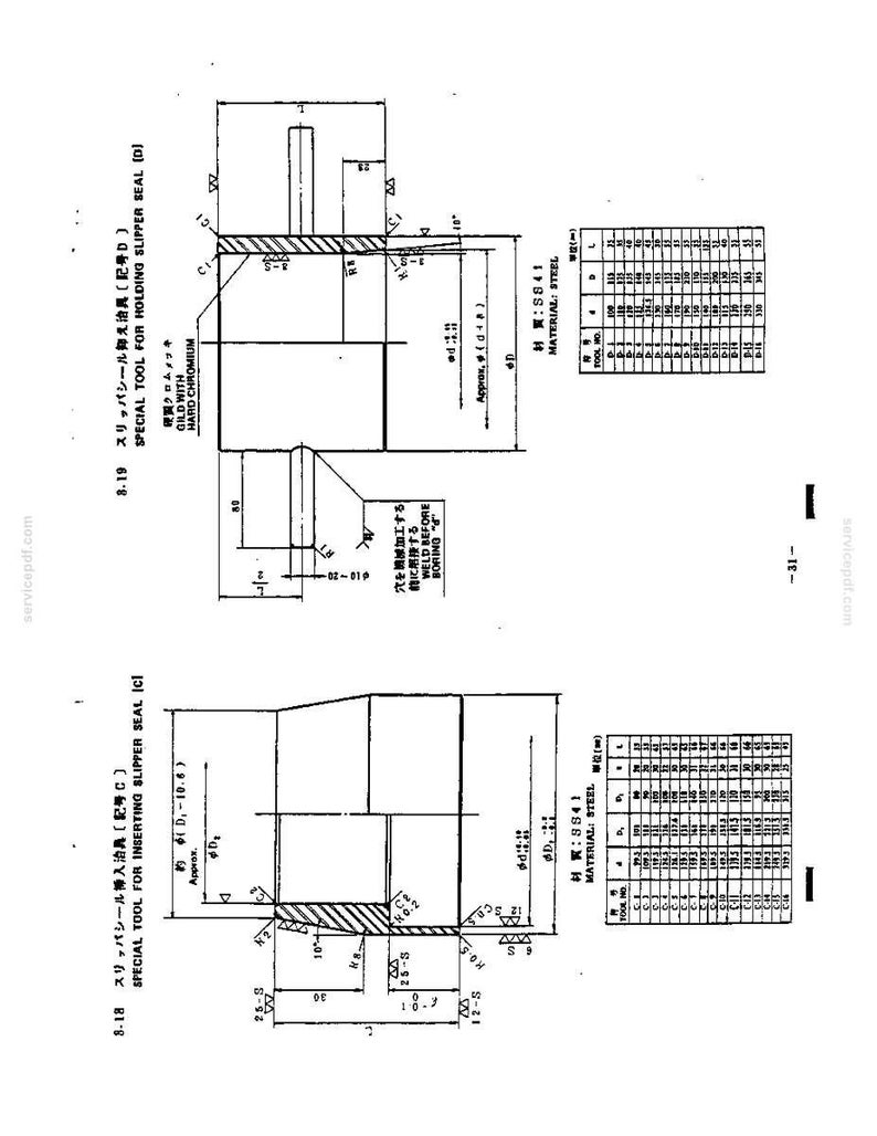 Puede incluir: Un diagrama t&eacute;cnico de ingenier&iacute;a que muestra dos herramientas especializadas para sellos deslizantes, etiquetadas 8.18 y 8.19. El documento incluye vistas de secci&oacute;n transversal, medidas detalladas en mil&iacute;metros, especificaciones de acero S45C y tablas.