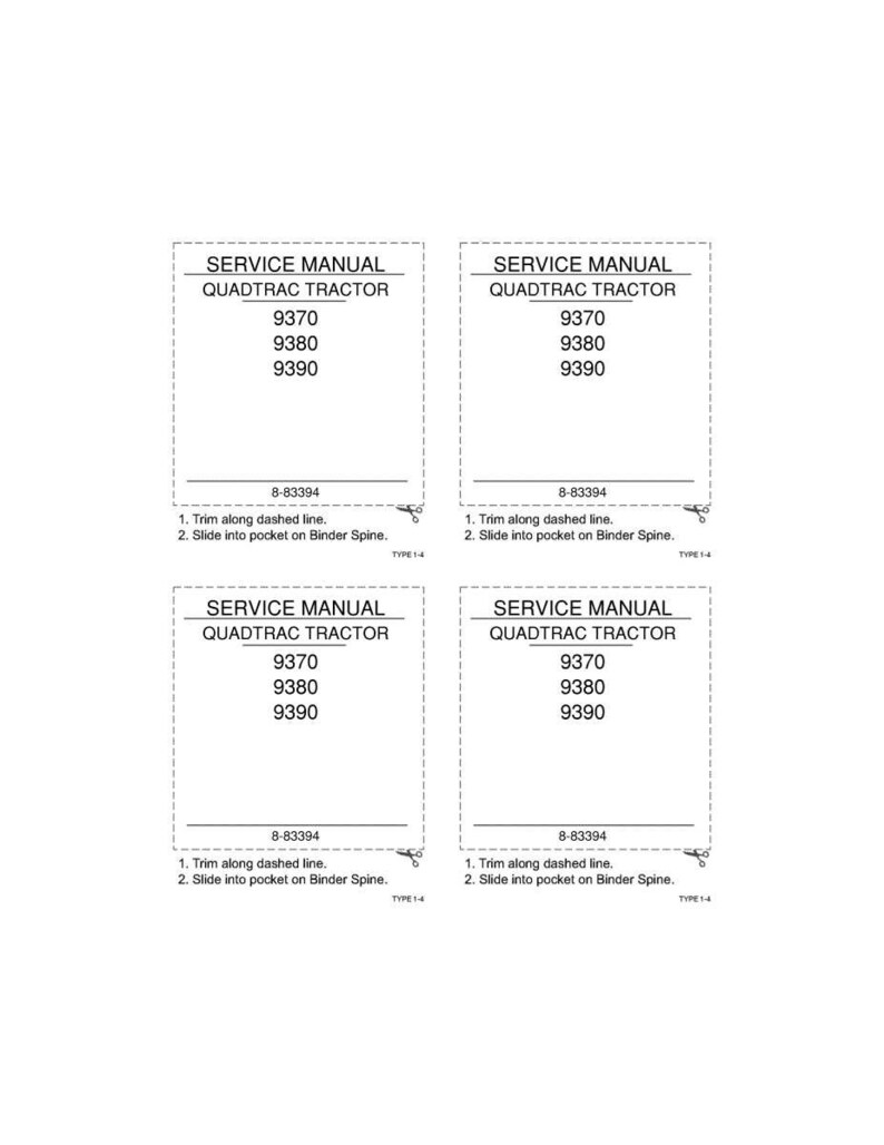 Peut inclure: Quatre mod&egrave;les rectangulaires blancs de manuels de service pour tracteurs Quadtrac. Chaque mod&egrave;le comprend le texte &laquo;&nbsp;SERVICE MANUAL QUADTRAC TRACTOR&nbsp;&raquo; et les num&eacute;ros 9370, 9380 et 9390. Des instructions sont &eacute;galement incluses.