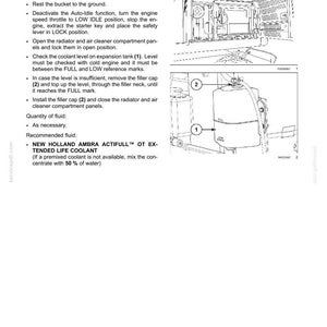 May include: A technical manual page titled 7-MAINTENANCE Engine cooling system, featuring text instructions and two black and white line drawings. One drawing shows an engine compartment, and the other shows a coolant expansion tank labeled 1 and 2.