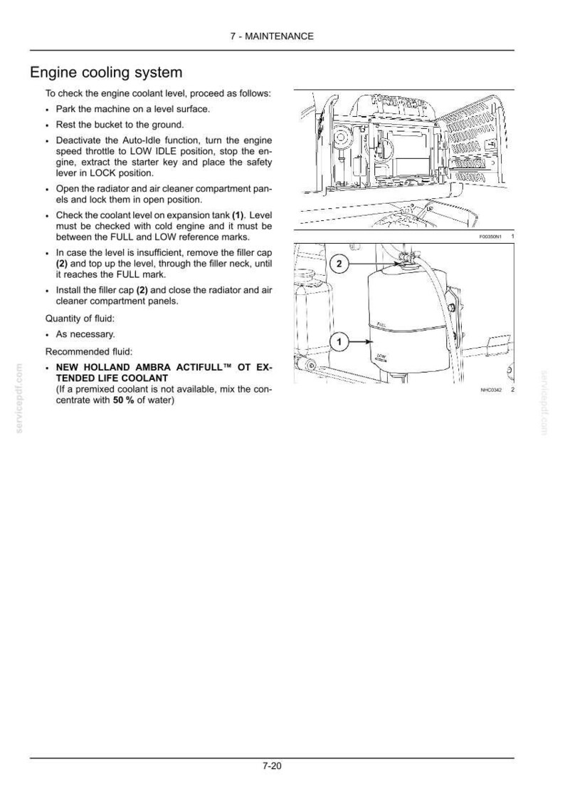 May include: A technical manual page titled 7-MAINTENANCE Engine cooling system, featuring text instructions and two black and white line drawings. One drawing shows an engine compartment, and the other shows a coolant expansion tank labeled 1 and 2.
