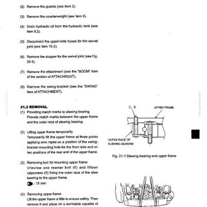 May include: A technical manual page titled 21. UPPER FRAME detailing removal preparation and procedures for heavy machinery. It includes numbered instructions, a diagram of a slewing bearing, a lifting illustration, and weight specifications of 2,430 lb or 2,650 lb.