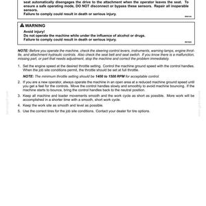 May include: A document page titled 4 - OPERATING INSTRUCTIONS containing safety warnings regarding machine misuse and substance use. It lists five numbered steps for operating the machine, including throttle settings of 1400 to 1500 RPM and control advice.