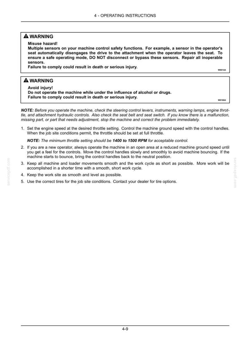 May include: A document page titled 4 - OPERATING INSTRUCTIONS containing safety warnings regarding machine misuse and substance use. It lists five numbered steps for operating the machine, including throttle settings of 1400 to 1500 RPM and control advice.
