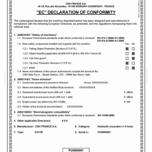 May include: A document from CNH FRANCE S.A. declaring conformity for a hydraulic excavator, model CX17B. The document includes technical specifications, safety standards, and noise emission data. The document is dated December 29, 2009.