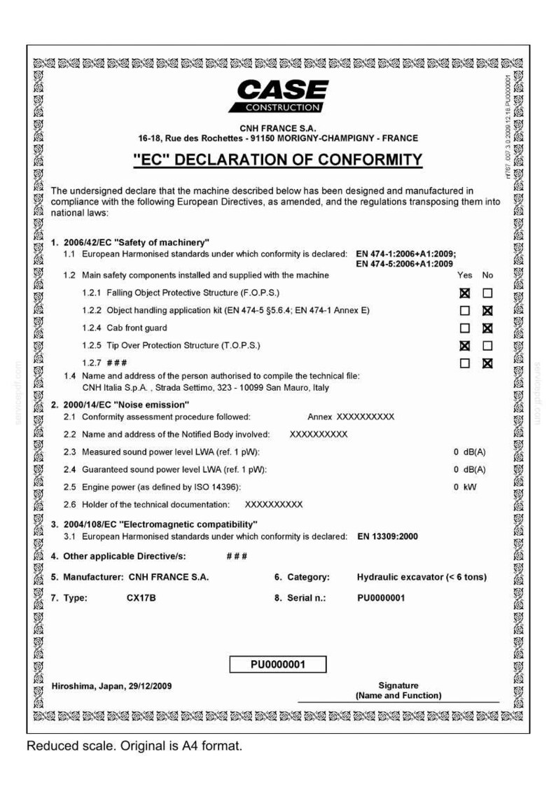 May include: A document from CNH FRANCE S.A. declaring conformity for a hydraulic excavator, model CX17B. The document includes technical specifications, safety standards, and noise emission data. The document is dated December 29, 2009.
