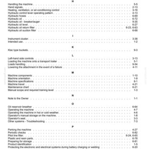 Puede incluir: Un &iacute;ndice detallado de un manual, con secciones como 'Aceite hidr&aacute;ulico', 'Especificaciones de la m&aacute;quina' y 'Sistema de acoplamiento r&aacute;pido'. El texto es negro sobre fondo blanco.