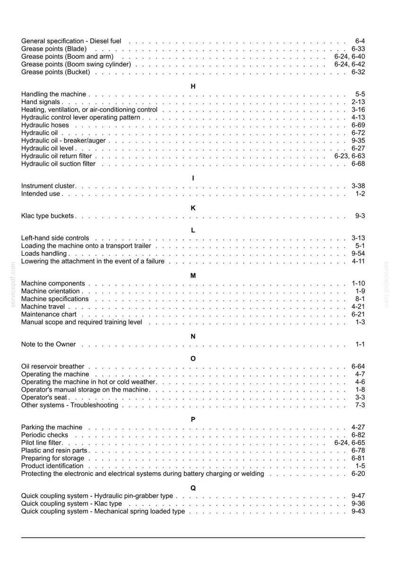 Puede incluir: Un &iacute;ndice detallado de un manual, con secciones como 'Aceite hidr&aacute;ulico', 'Especificaciones de la m&aacute;quina' y 'Sistema de acoplamiento r&aacute;pido'. El texto es negro sobre fondo blanco.