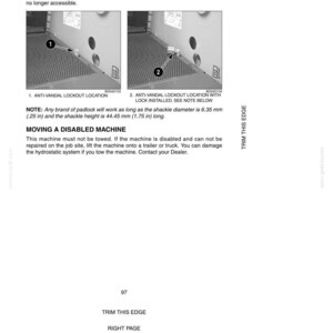 May include: Diagram of an anti-vandal lockout system with two images showing the location with and without a lock installed. The text includes instructions for moving a disabled machine and specifications for the padlock, including a shackle diameter of .25 inches and a shackle height of 1.75 inches.