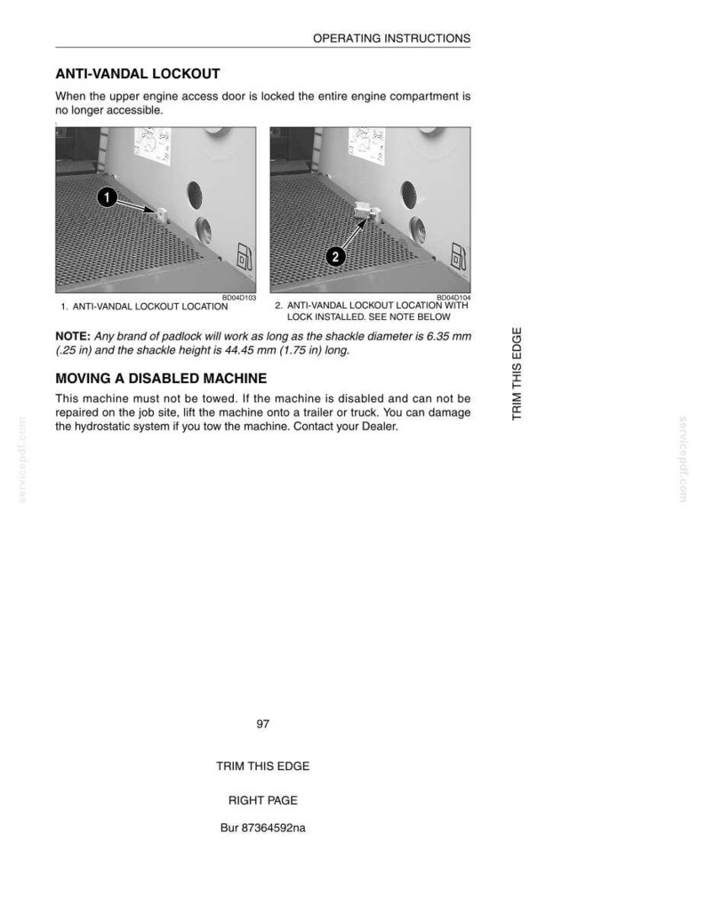 May include: Diagram of an anti-vandal lockout system with two images showing the location with and without a lock installed. The text includes instructions for moving a disabled machine and specifications for the padlock, including a shackle diameter of .25 inches and a shackle height of 1.75 inches.