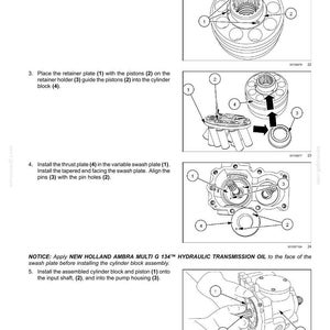 May include: Diagram of hydrostatic drive pump and motor components with numbered parts and assembly instructions. Includes illustrations of retainer plates, pistons, cylinder blocks, and swash plates. Text includes safety notices and oil application instructions.