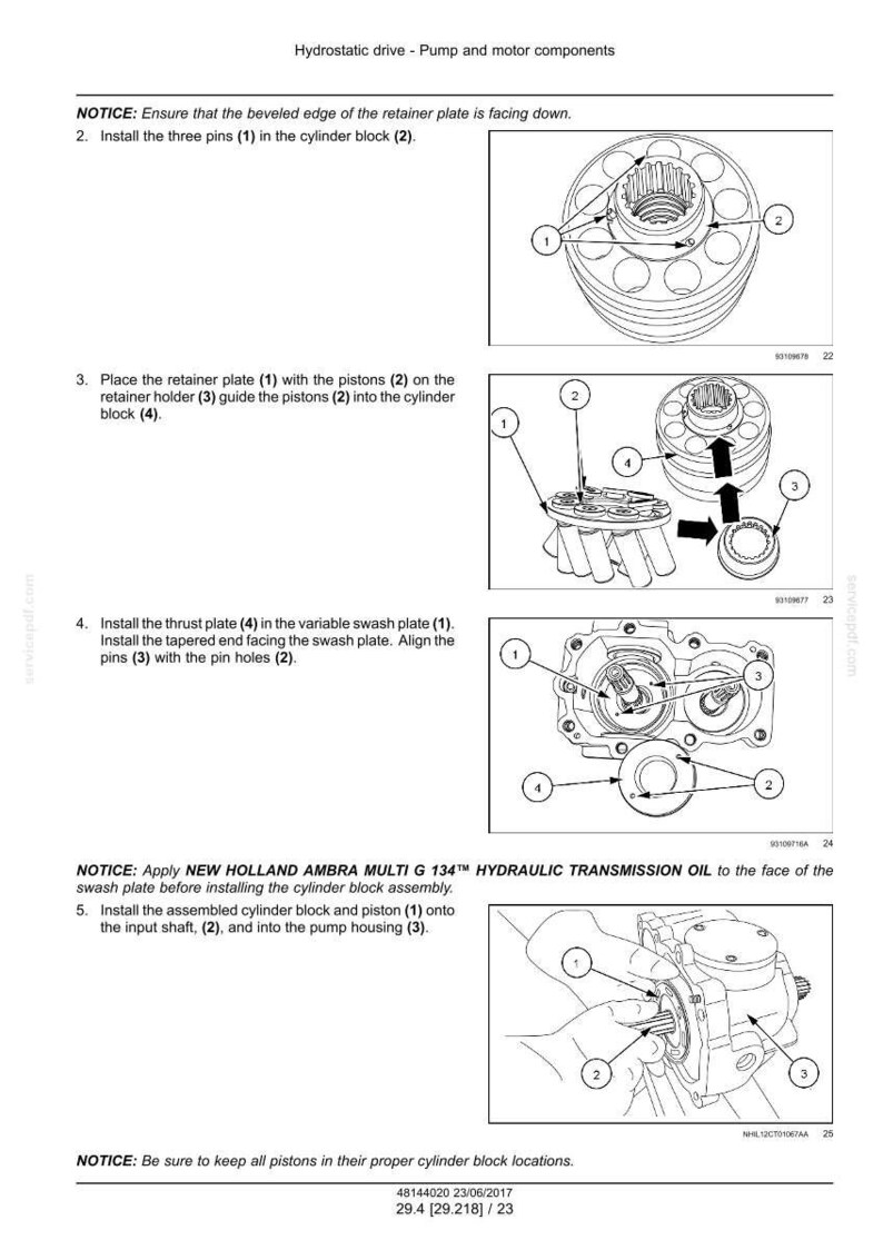 May include: Diagram of hydrostatic drive pump and motor components with numbered parts and assembly instructions. Includes illustrations of retainer plates, pistons, cylinder blocks, and swash plates. Text includes safety notices and oil application instructions.