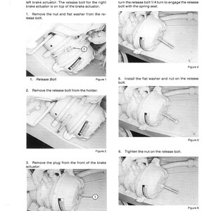 May include: A grayscale instructional diagram detailing the process of disabling a brake actuator. The steps include removing bolts, washers, and plugs, with accompanying figures and labels. The text reads "DISABLING A BRAKE ACTUATOR".