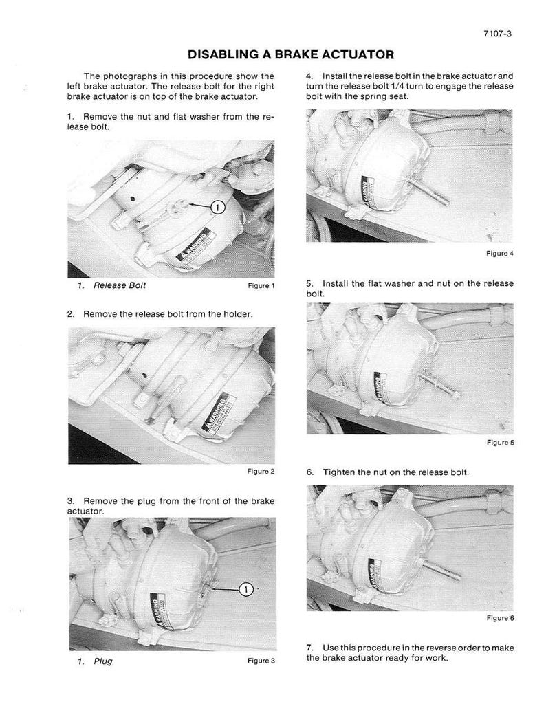 May include: A grayscale instructional diagram detailing the process of disabling a brake actuator. The steps include removing bolts, washers, and plugs, with accompanying figures and labels. The text reads "DISABLING A BRAKE ACTUATOR".