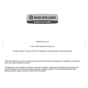 May include: A white document with the "NEW HOLLAND AGRICULTURE" logo, contact information, and copyright details. The text includes a disclaimer about production variations and the right to change prices.