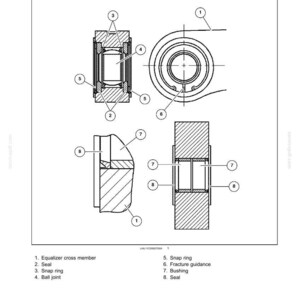 May include: Technical diagram of a track frame sectional view, detailing the equalizer cross member, seals, and bushings. The diagram includes labeled components such as snap rings, ball joints, and fracture guidance, with measurements in inches.