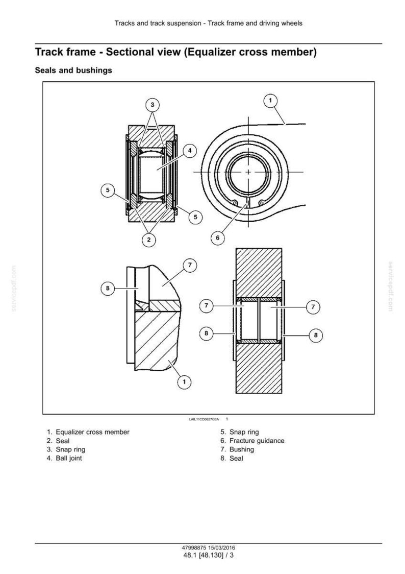 May include: Technical diagram of a track frame sectional view, detailing the equalizer cross member, seals, and bushings. The diagram includes labeled components such as snap rings, ball joints, and fracture guidance, with measurements in inches.