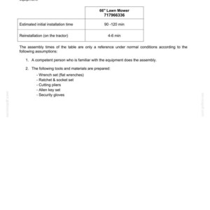 Puede incluir: Un documento titulado ESTIMATED ASSEMBLY TIME para un cortac&eacute;sped de 66 pulgadas 717966336. Indica un tiempo de instalaci&oacute;n inicial de 90-120 minutos y una reinstalaci&oacute;n de 4-6 minutos, enumerando herramientas necesarias como llaves y guantes de seguridad.